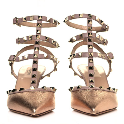 Valentino Garavani Metallic Pebbled Calfskin Rockstud Ankle Strap 65mm Pumps 39 Rame Poudre 2 of 7