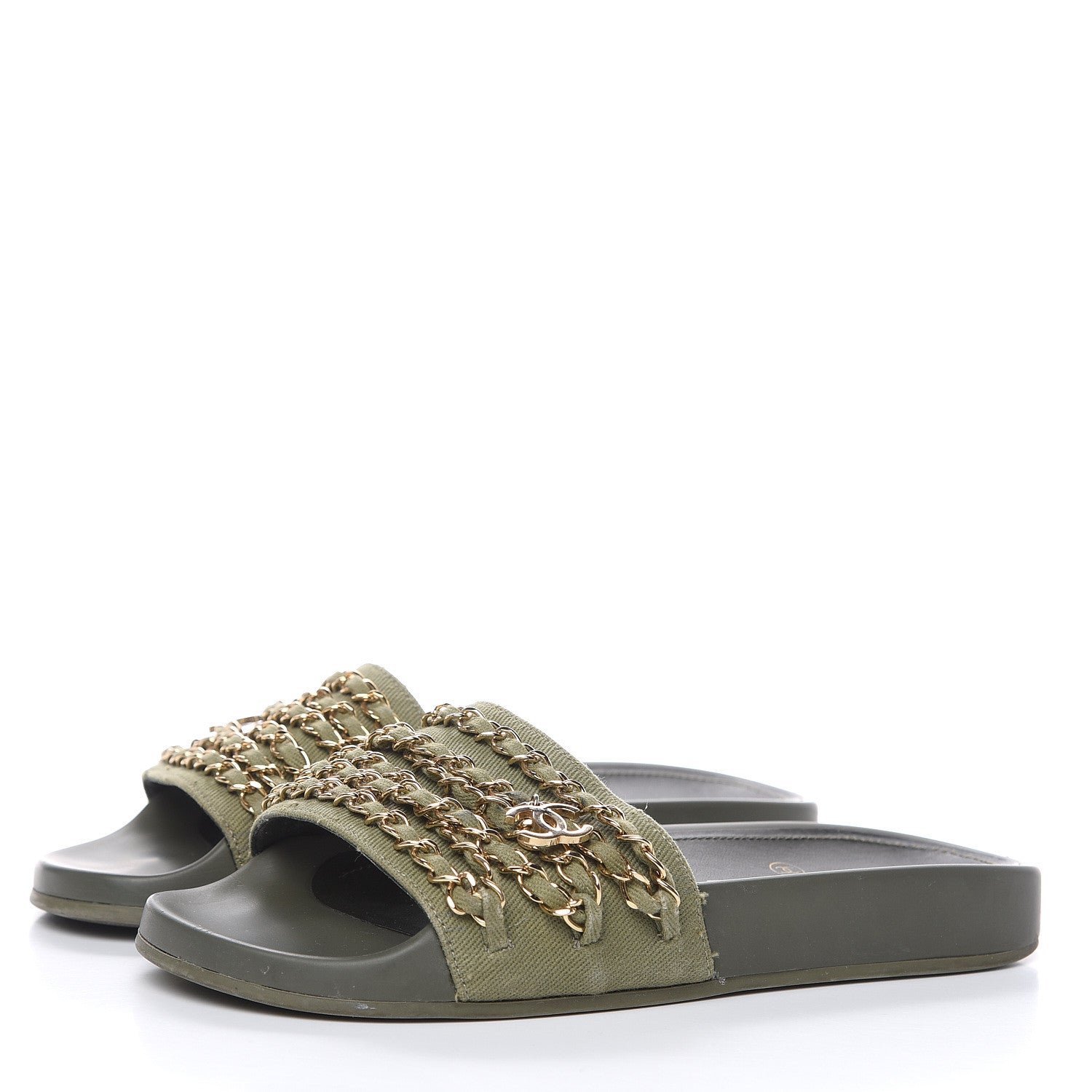 Chanel Canvas Chain Flat Sandals 36 Khaki 3 of 12