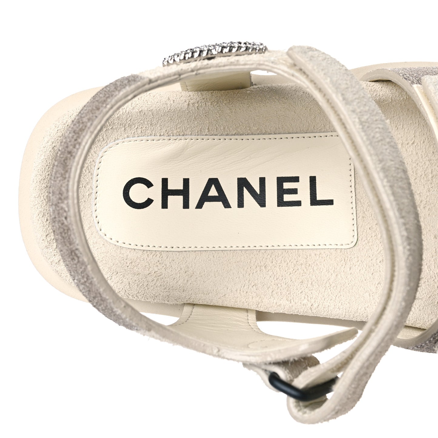 Suede Calfskin Velcro Flat Sandals 37 Ecru Dark Beige