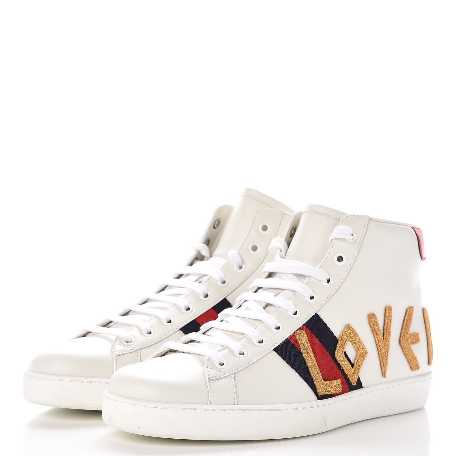 Gucci Calfskin Nappa Web LOVED Embroidered Mens Ace High Top Sneakers 10 White Red Flame Notte 3 of 11