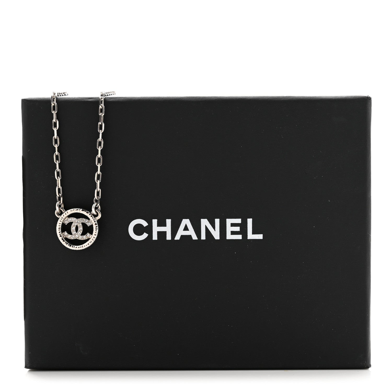 Chanel Metal Crystal CC Round Pendant Necklace Silver 7 of 7