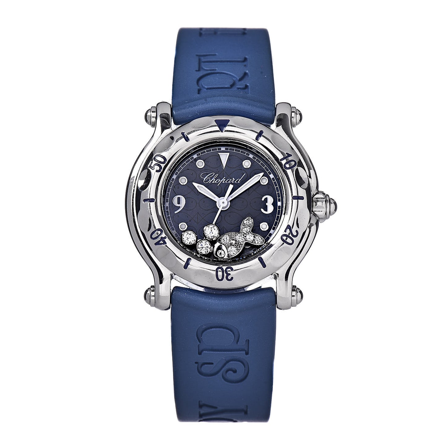 Stainless Steel Rubber Diamond 26mm Happy Sport Fish Quartz Watch Blue