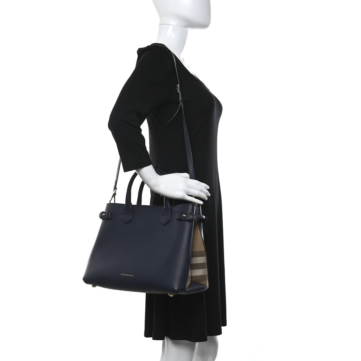 Burberry Grainy Calfskin House Check Medium Banner Tote Ink Blue 2 of 12