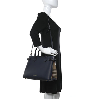 Burberry Grainy Calfskin House Check Medium Banner Tote Ink Blue 2 of 12