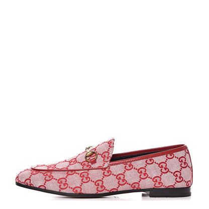 Gucci Canvas GG Monogram Horsebit Womens Jordaan Loafers 38.5 Gardenia Hibiscus Red 1 of 9