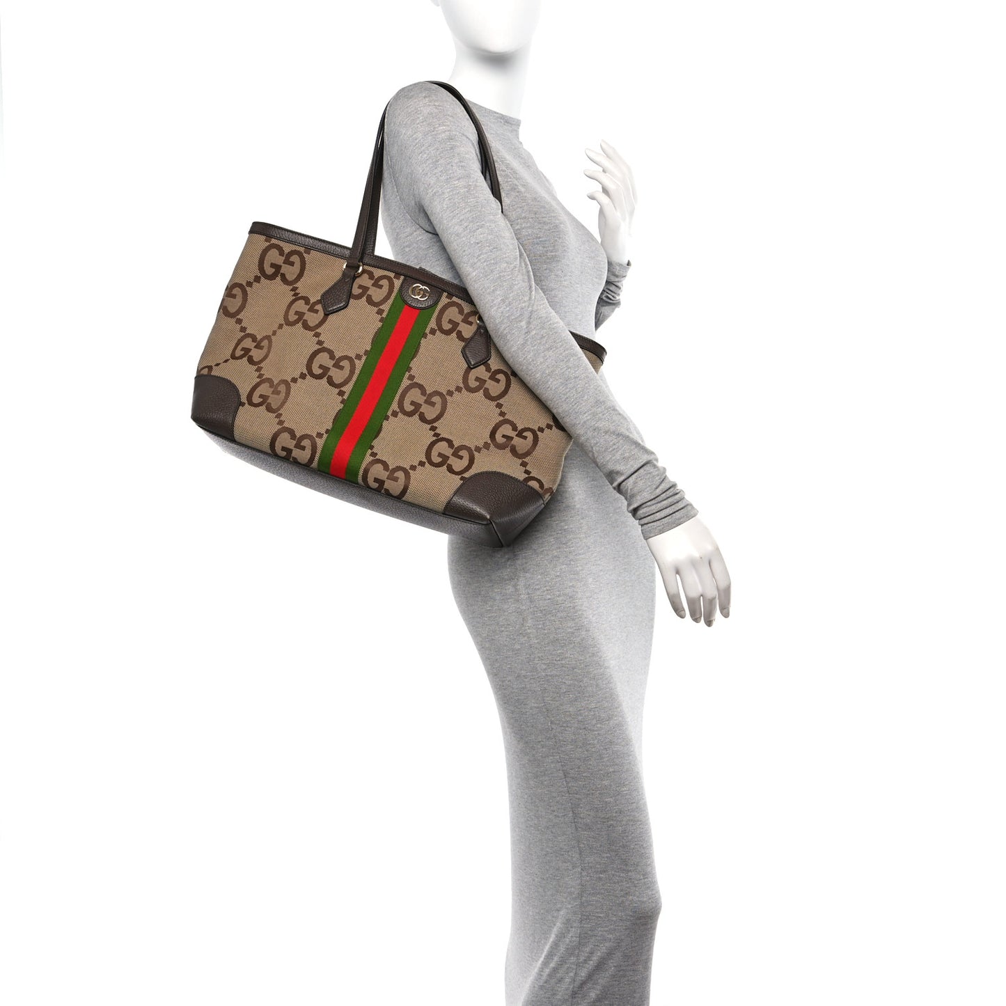 Monogram Jumbo GG Textured Dollar Calfskin Web Medium Ophidia Shopping Tote Camel Ebony