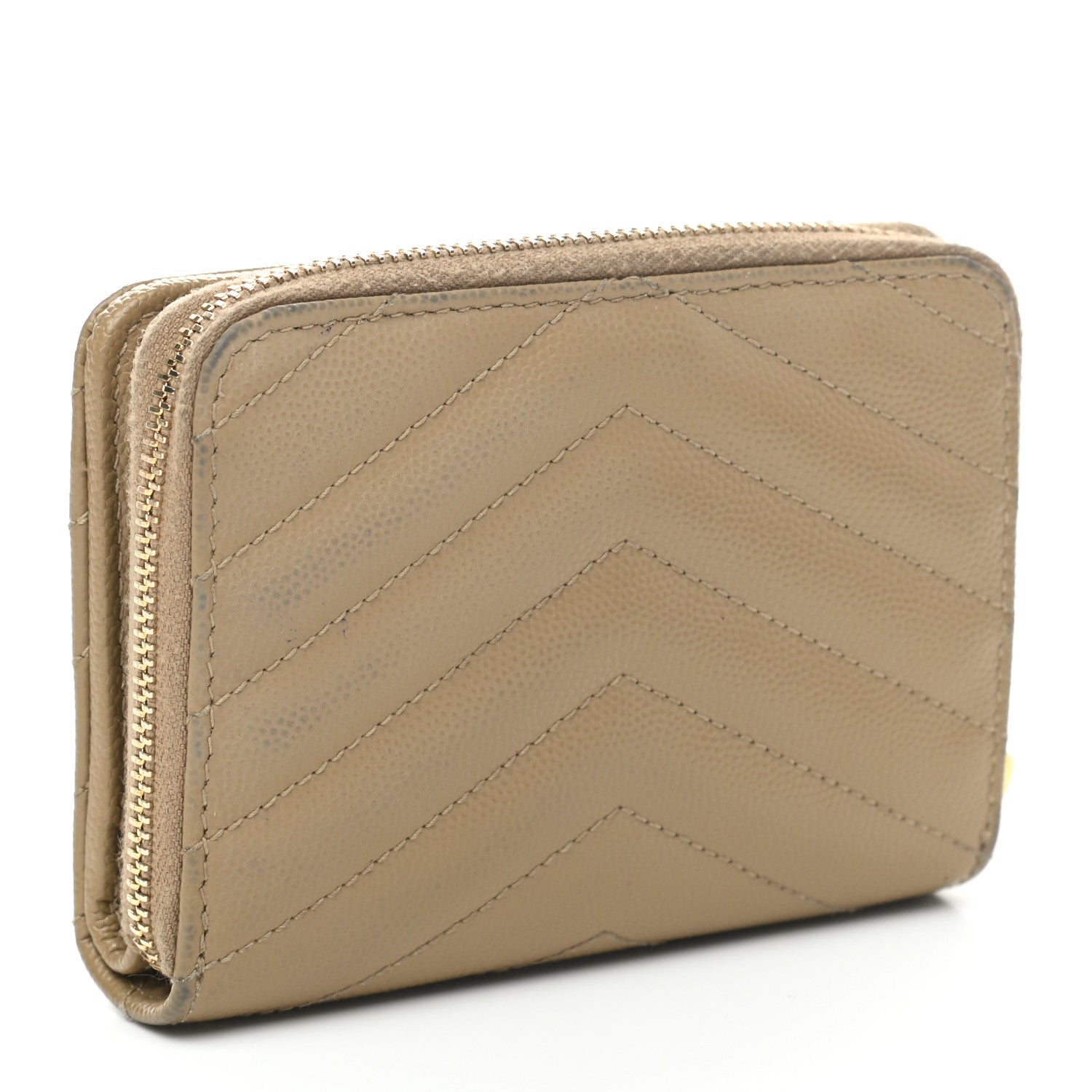 Saint Laurent Grain De Poudre Matelasse Chevron Monogram Compact Zip Around Wallet Dark Latte 3 of 13