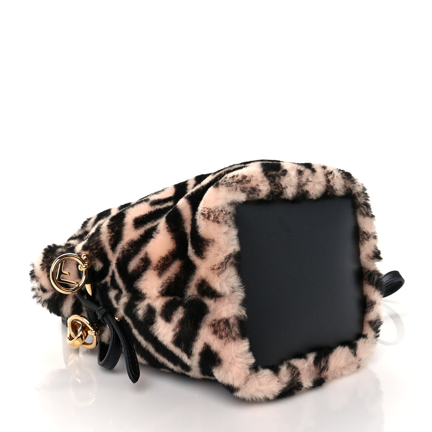 Shearling F is Fendi Macro FF 1974 Diagonal Mini Mon Tresor Bucket Bag Light Rose Black