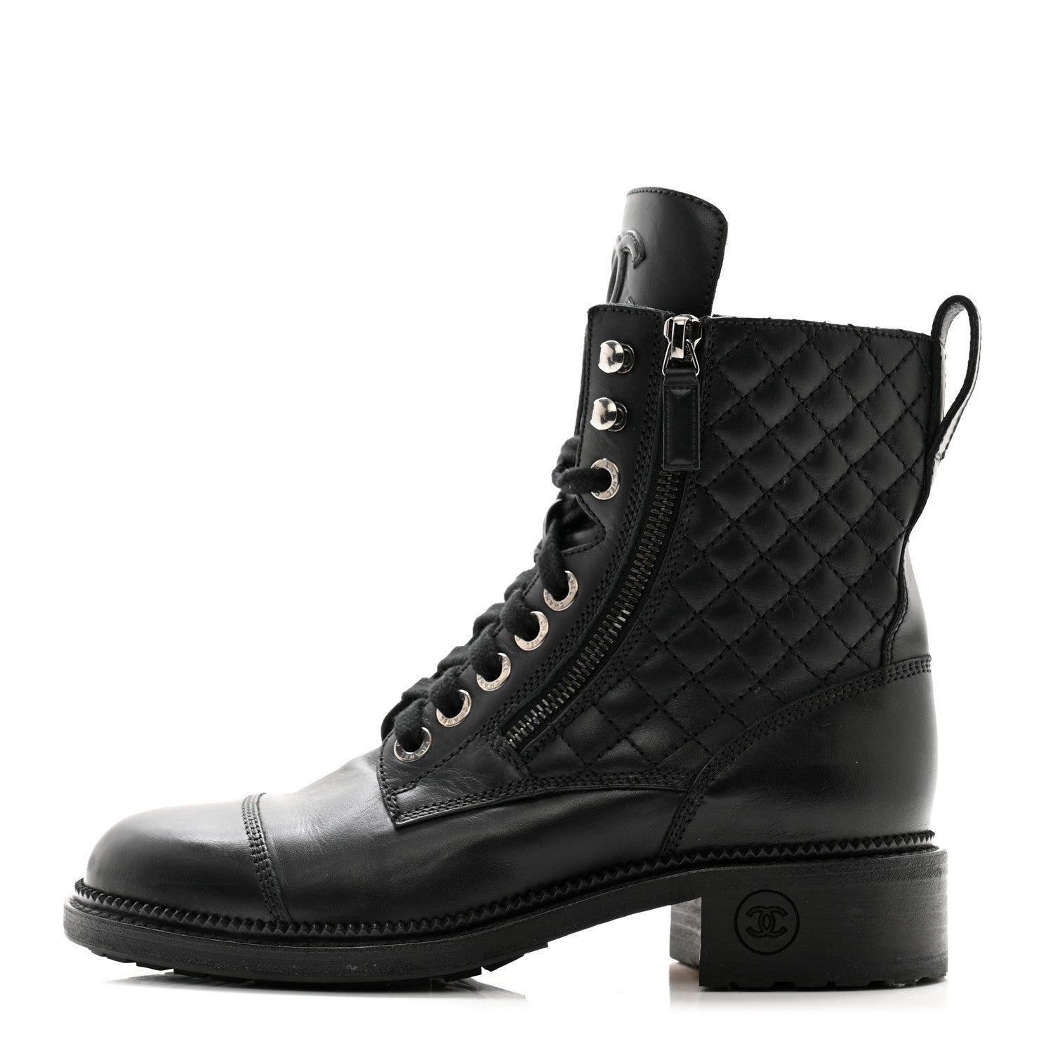 Chanel Calfskin Quilted Lace Up Combat Boots 37.5 Black 1 of 12