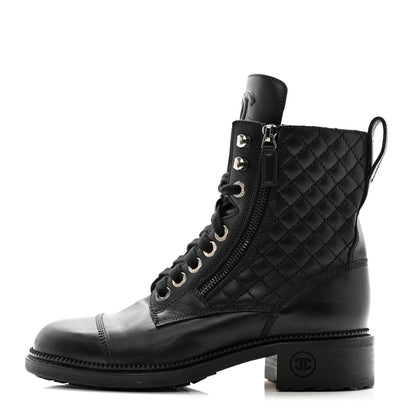 Chanel Calfskin Quilted Lace Up Combat Boots 37.5 Black 1 of 12