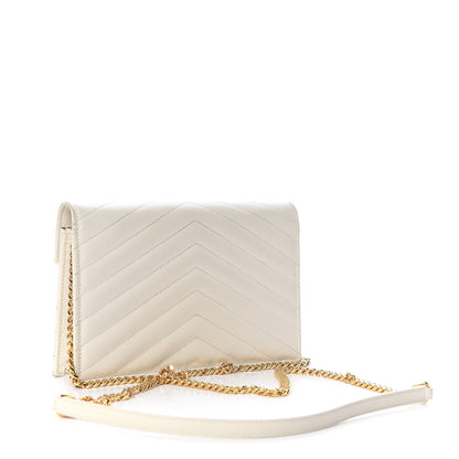 Saint Laurent Grain De Poudre Matelasse Chevron Monogram Envelope Chain Wallet Porcellana 3 of 14