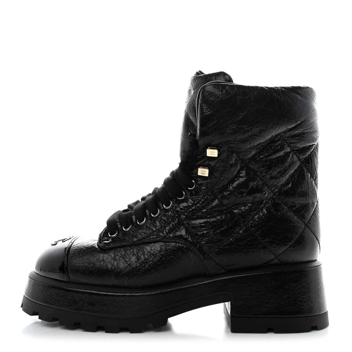Crumpled Patent Lambskin Calfskin Quilted Lace Up Combat Boots 39 Black