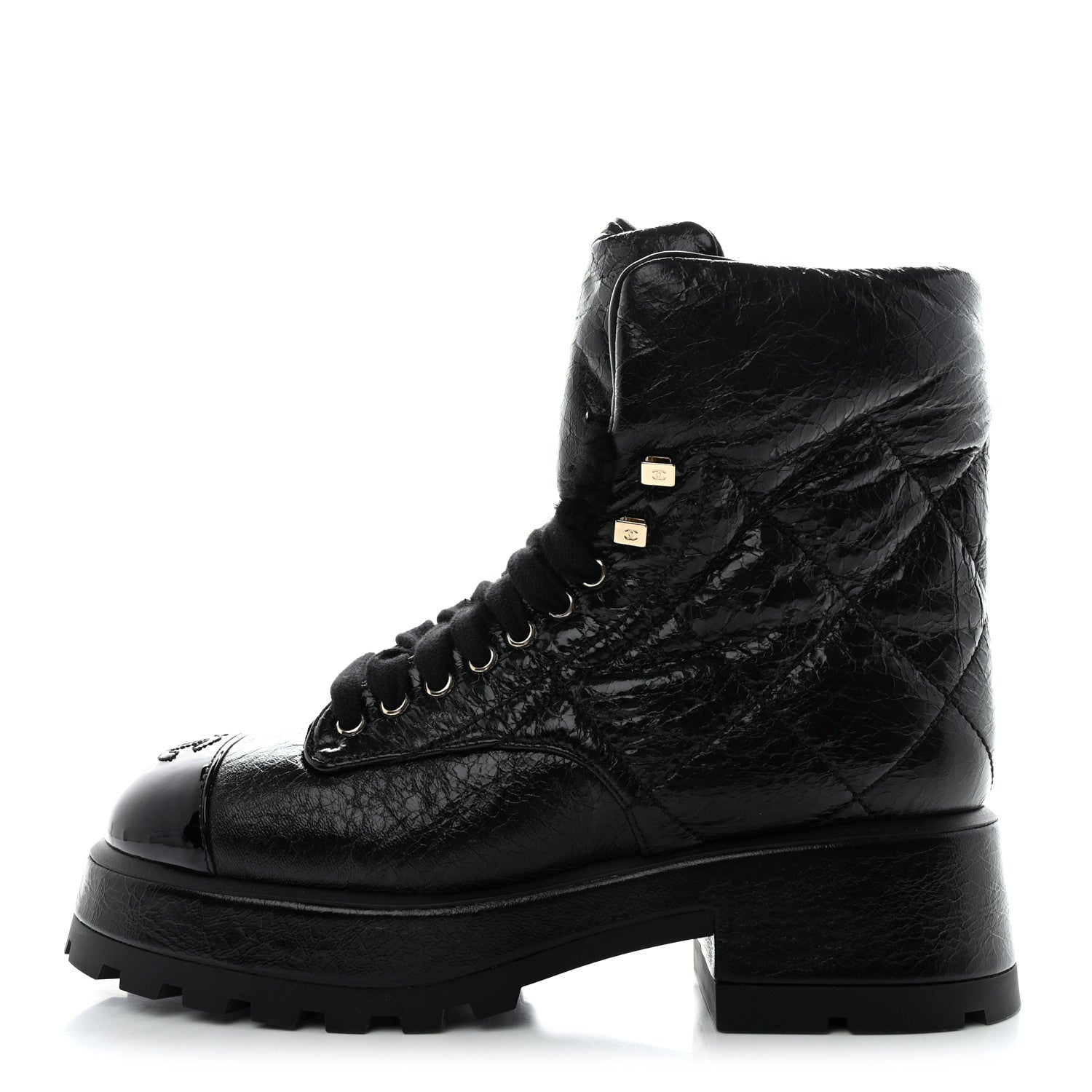 Chanel Crumpled Patent Lambskin Calfskin Quilted Lace Up Combat Boots 39 Black 1 of 8