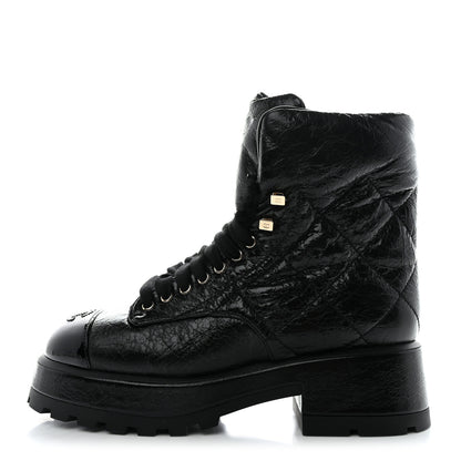 Chanel Crumpled Patent Lambskin Calfskin Quilted Lace Up Combat Boots 39 Black 1 of 8