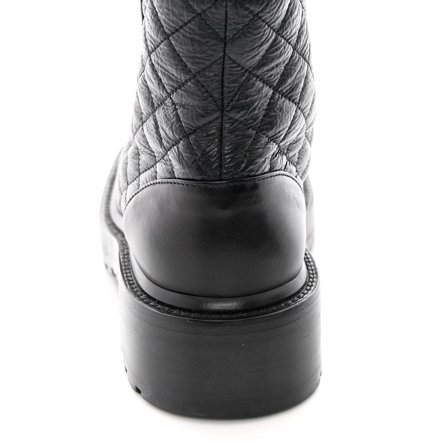 Shiny Calfskin Quilted Lace Up Combat Boots 37 Black