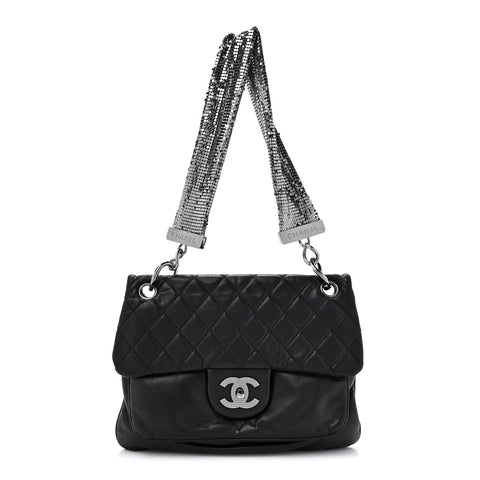 Lambskin Quilted Chain Mail Shoulder Bag Black