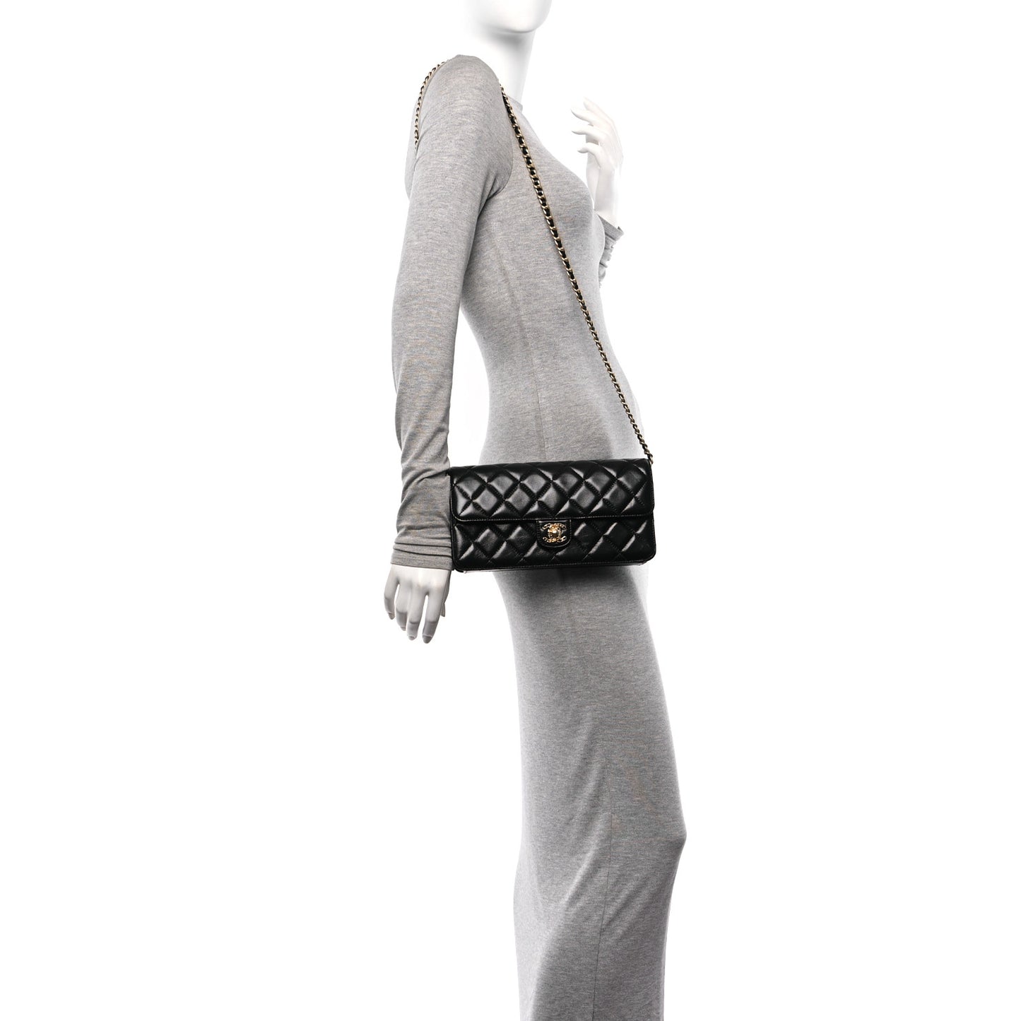 Shiny Lambskin Quilted Flap Clutch Bag Black