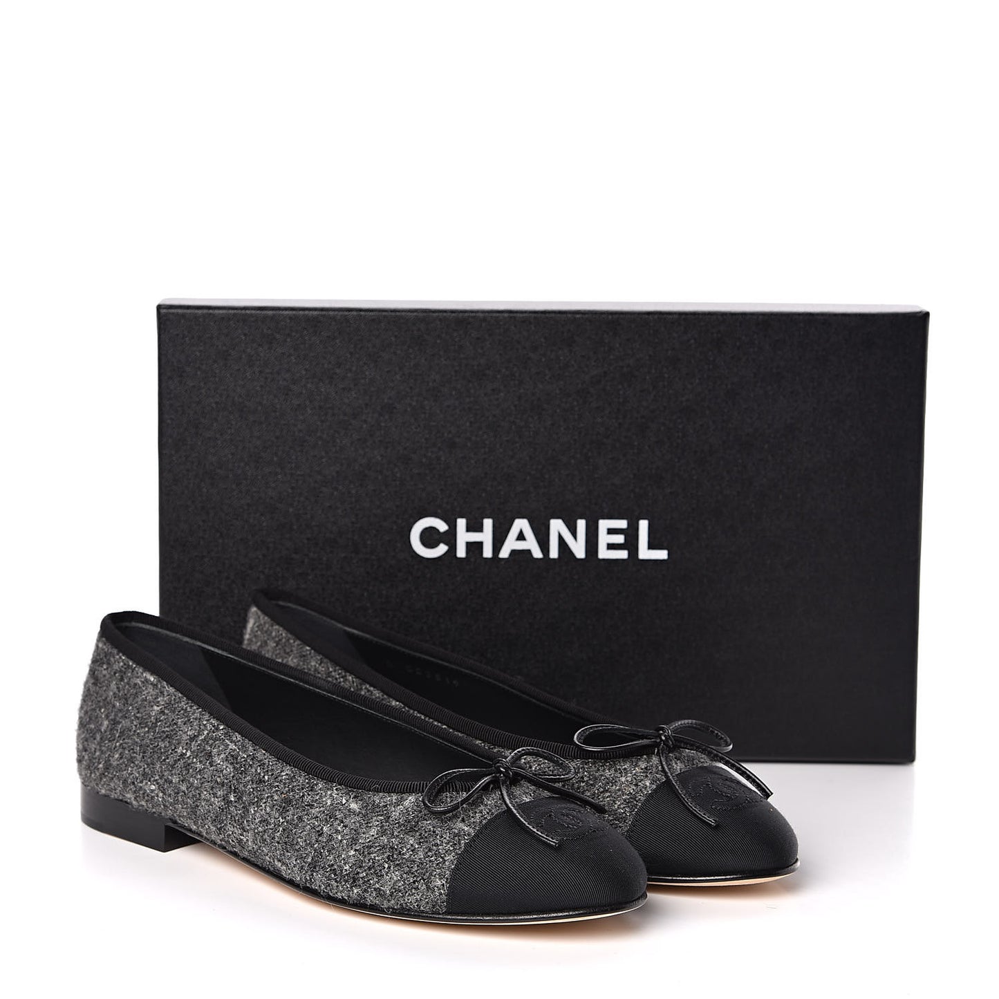 Tweed Grosgrain Cap Toe Ballerina Flats 37.5 Dark Grey Black