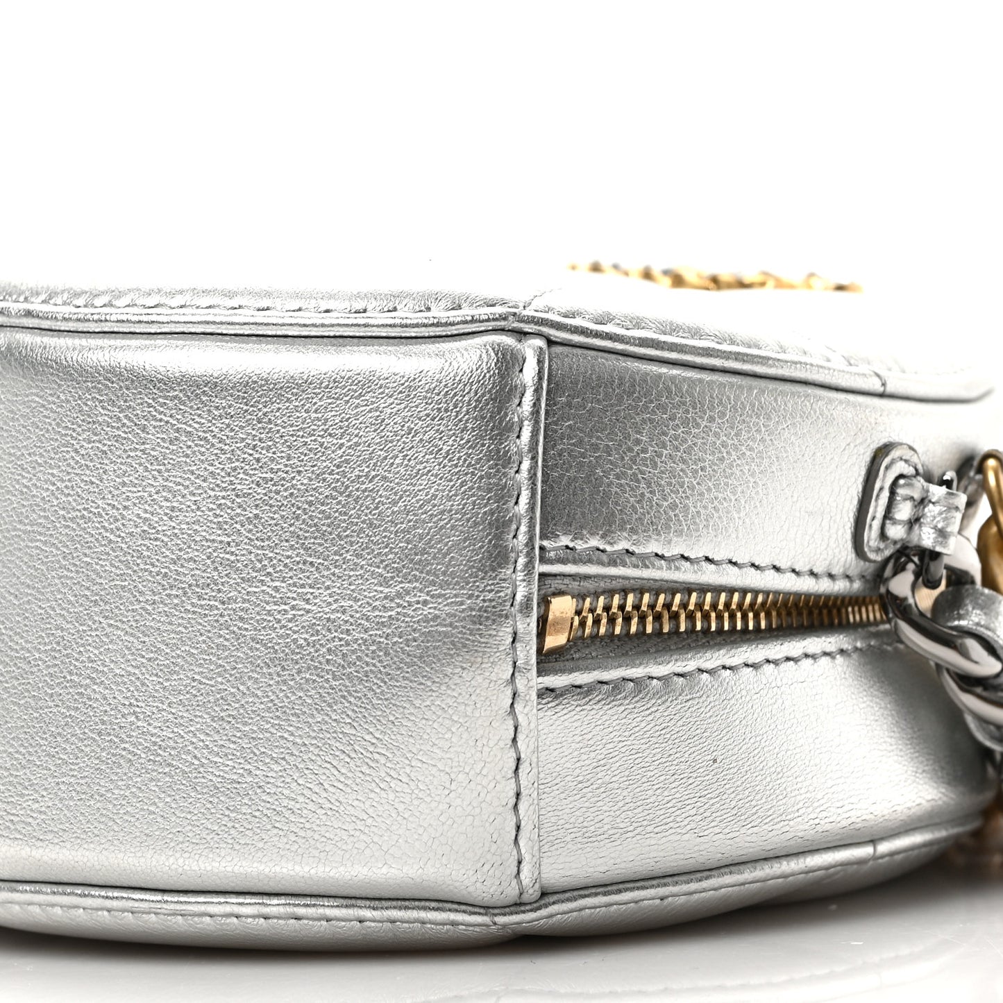 Metallic Lambskin Quilted Chanel 19 Round Clutch With Chain Silver