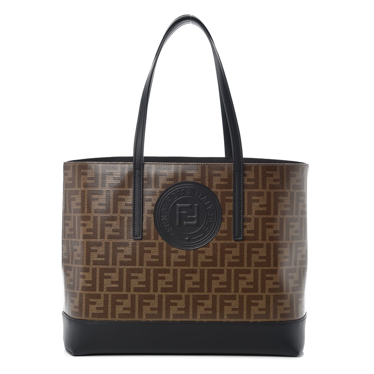 Glazed Fabric Vitello Century FF 1974 Stamp Patch Shopping Tote Mogano Panna Black