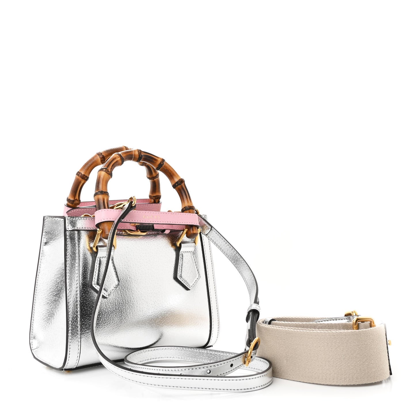 Textured Calfskin Mini Diana Tote Bag Silver Sugar Pink