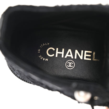 Chanel Tweed Patent Calfskin Pearl Combat Short Boots 38.5 Black Grey 7 of 9