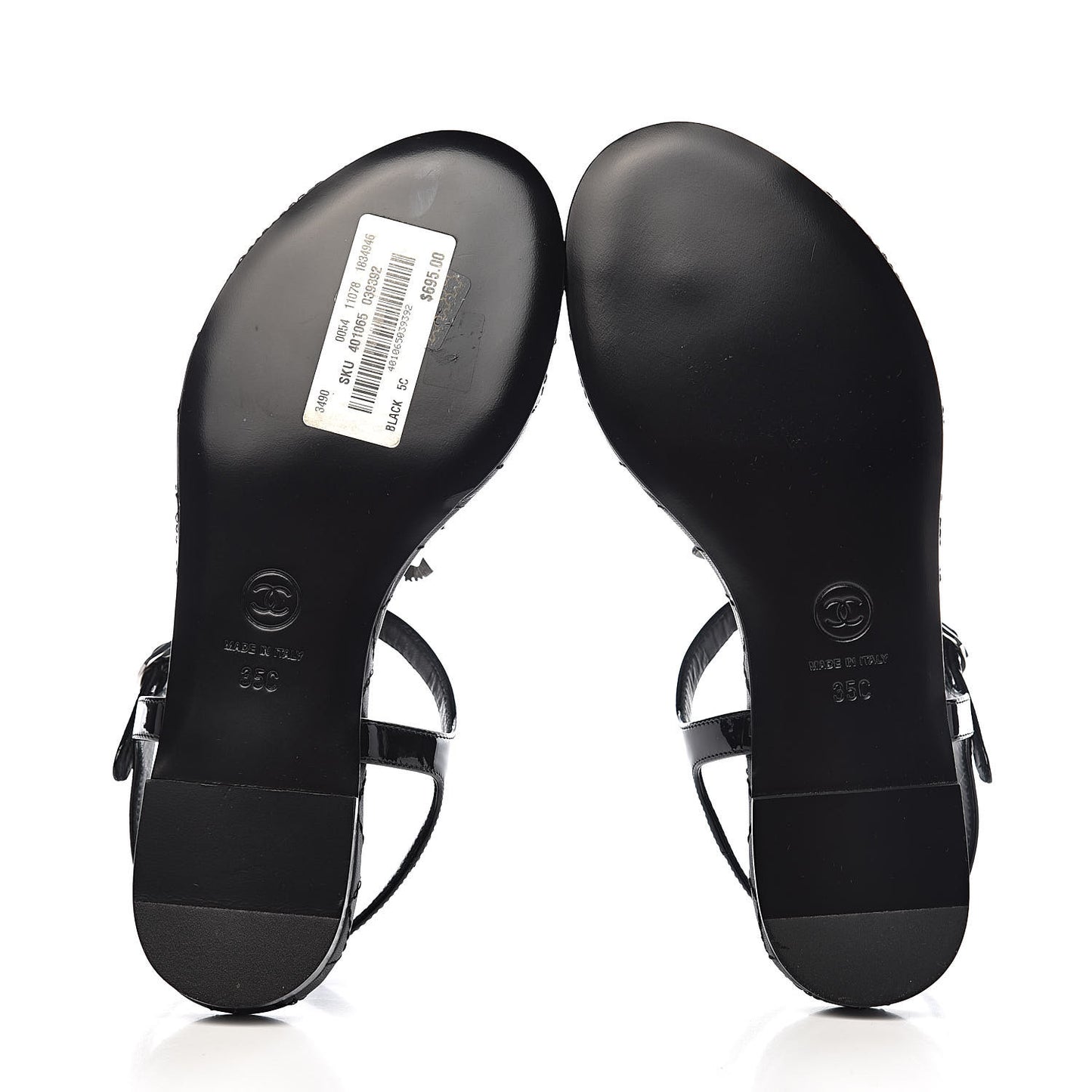 Patent Calfskin CC Chain Thong Sandals 35 Black