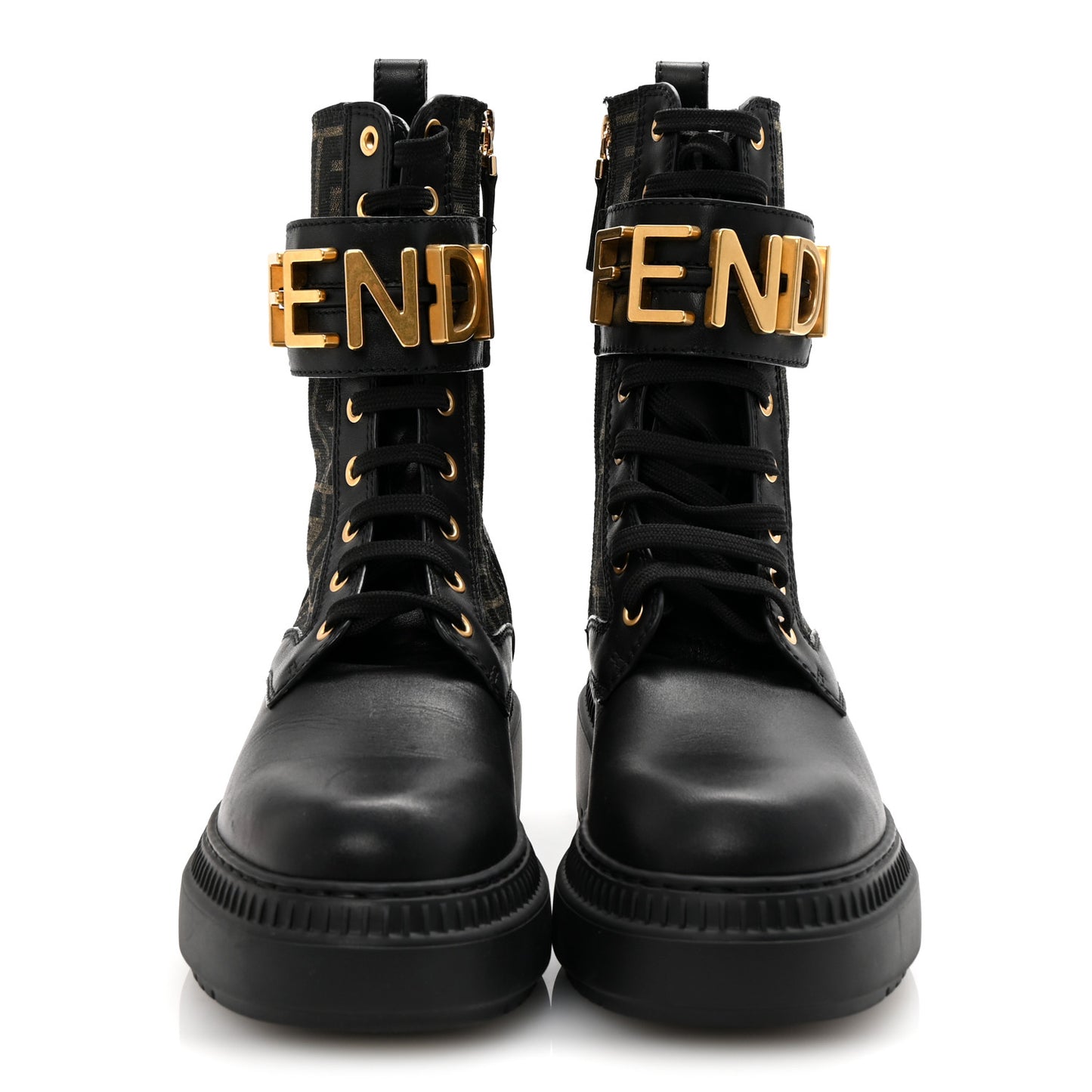 Vitello Fabric Jacquard FF Fendigraphy 50mm Biker Boots 35.5 Black Tobacco