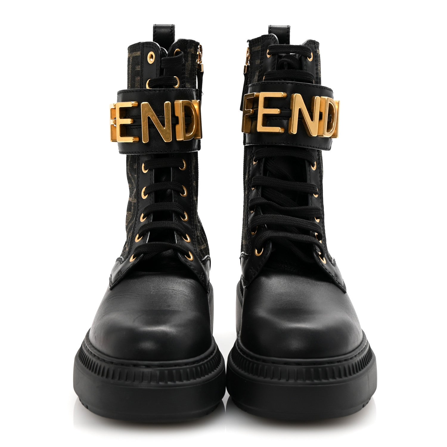 Fendi Vitello Fabric Jacquard FF Fendigraphy 50mm Biker Boots 35.5 Black Tobacco 3 of 10
