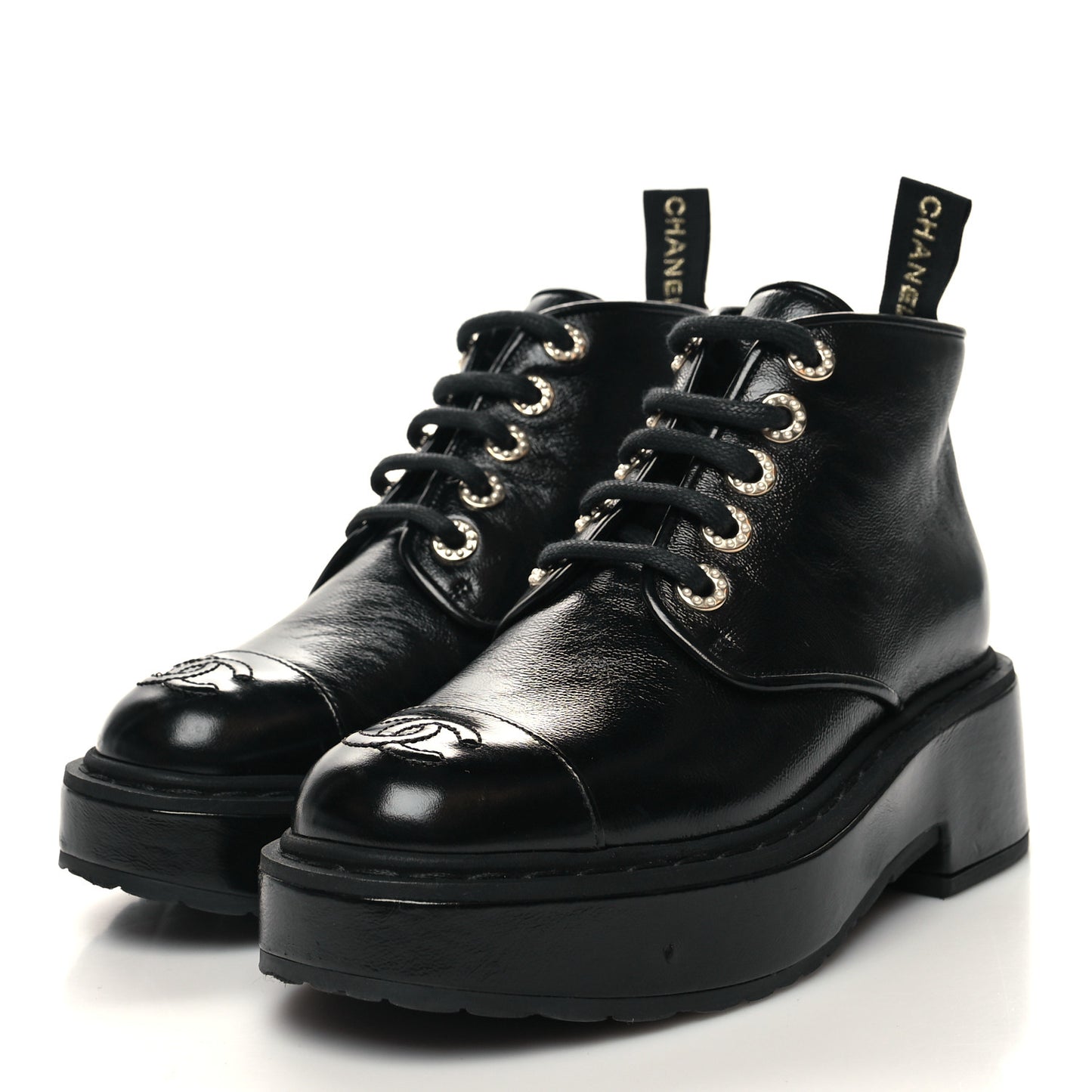 Shiny Calfskin Pearl Lace Up Combat Short Boots 35.5 Black