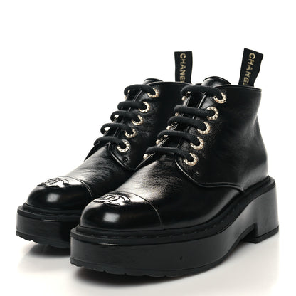 Chanel Shiny Calfskin Pearl Lace Up Combat Short Boots 35.5 Black 3 of 8