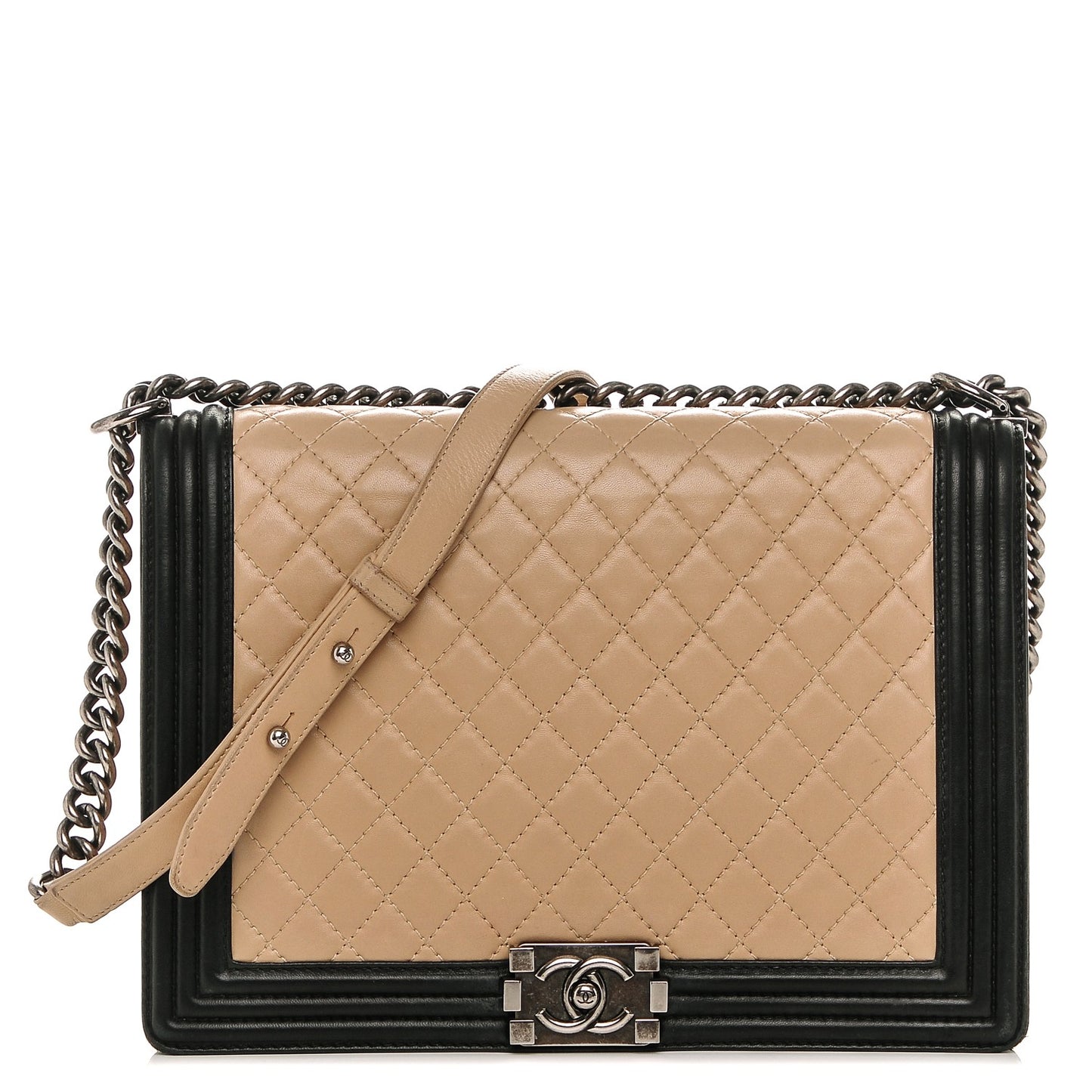 Lambskin Quilted Large Boy Flap Beige Black