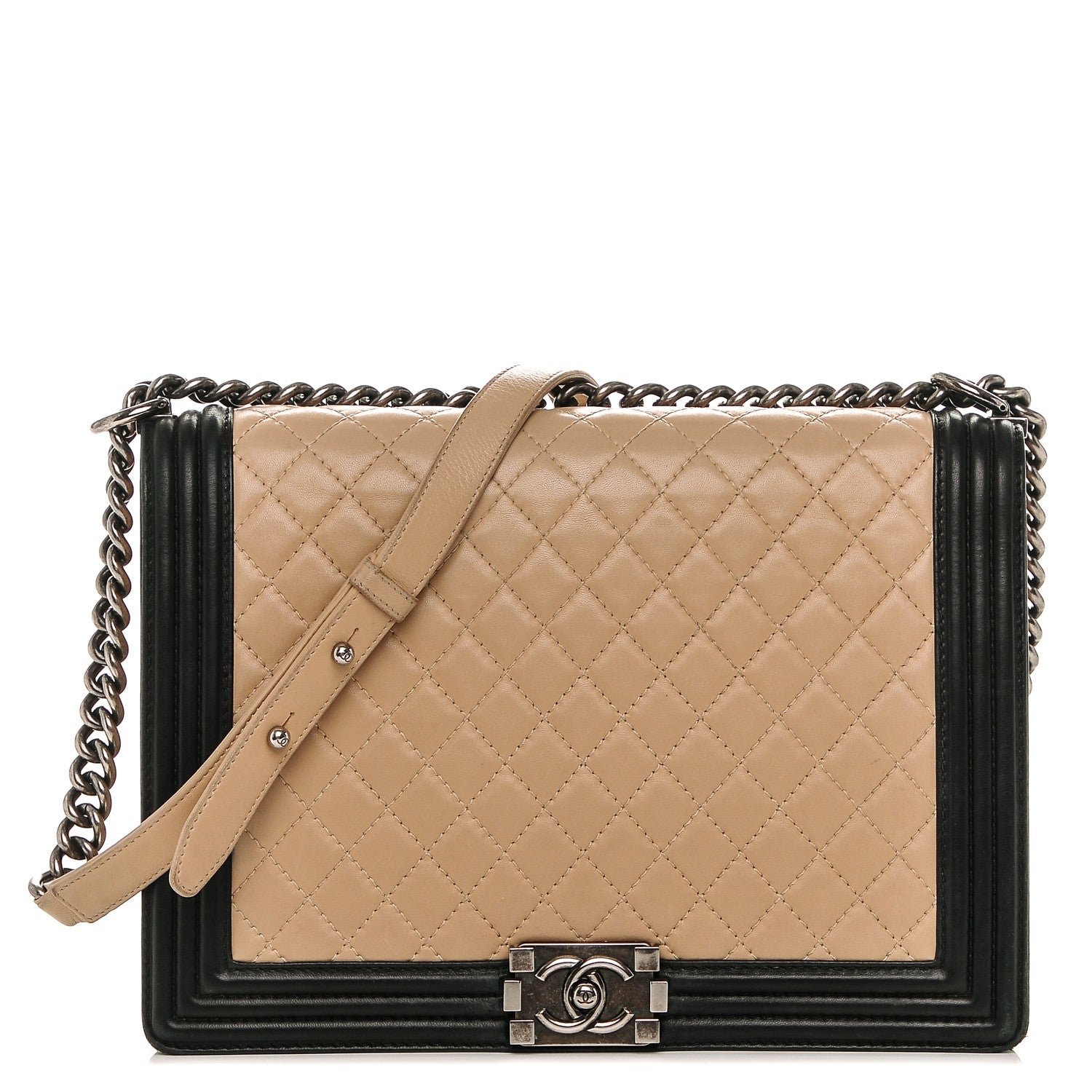 Chanel Lambskin Quilted Large Boy Flap Beige Black 1 of 8