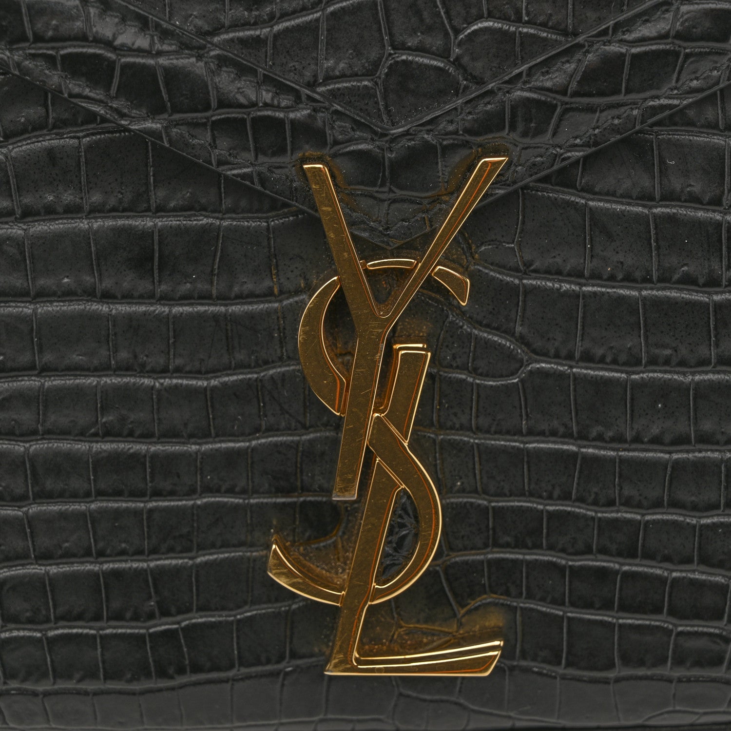 Saint Laurent Calfskin Crocodile Embossed Mini Classic Monogram Cassandra Top Handle Black 11 of 14