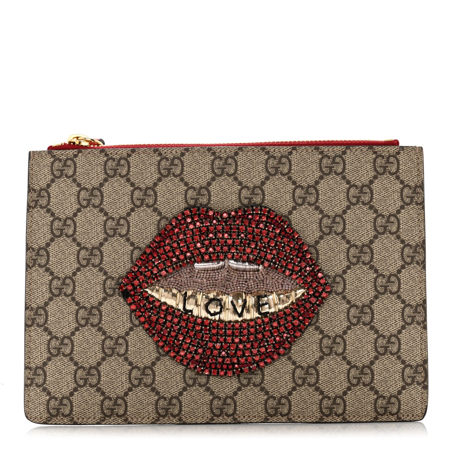 GG Supreme Monogram Merveilles Lips Zip Pouch Hibiscus Red