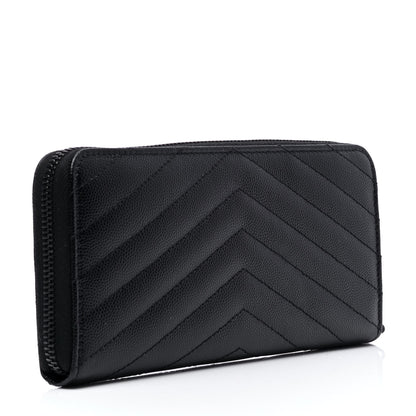 Saint Laurent Grain De Poudre Matelasse Chevron Monogram Zip Around Wallet Black 2 of 4