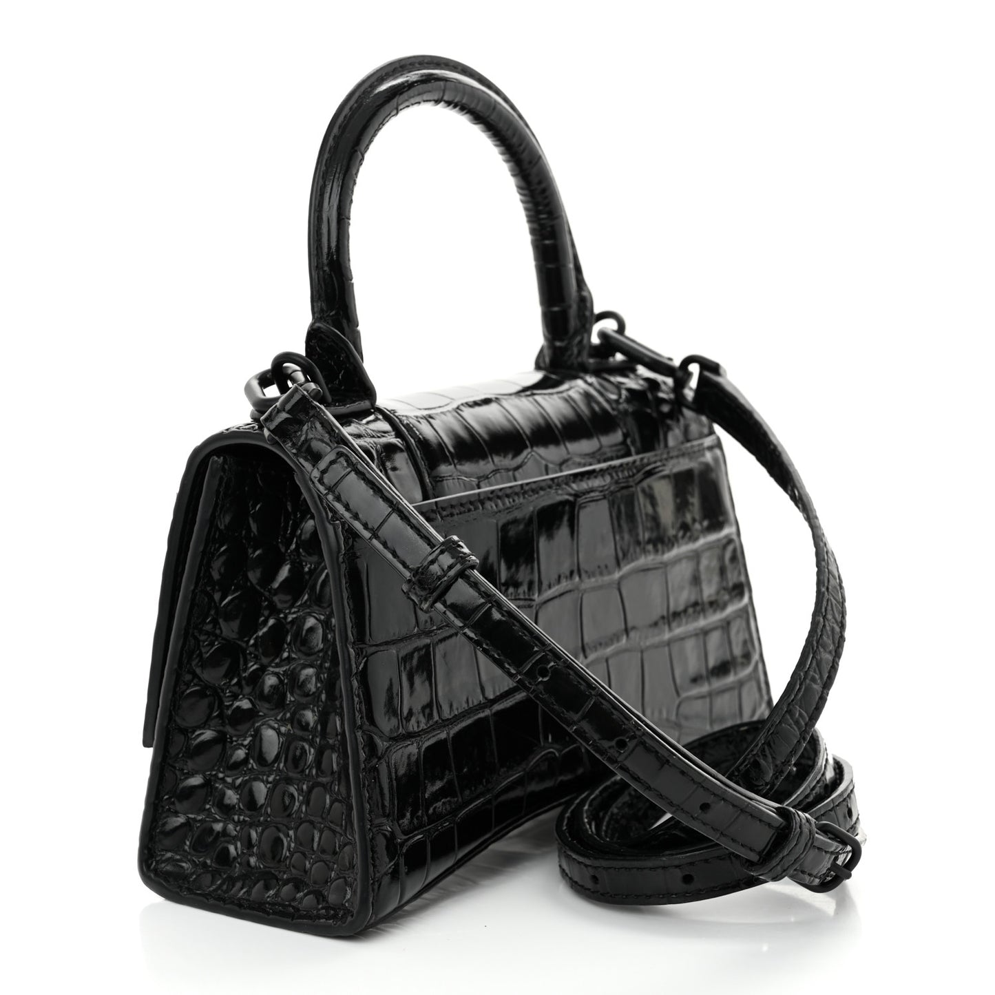 Shiny Calfskin Monochrome Crocodile Embossed Hourglass Top Handle Bag XS Black