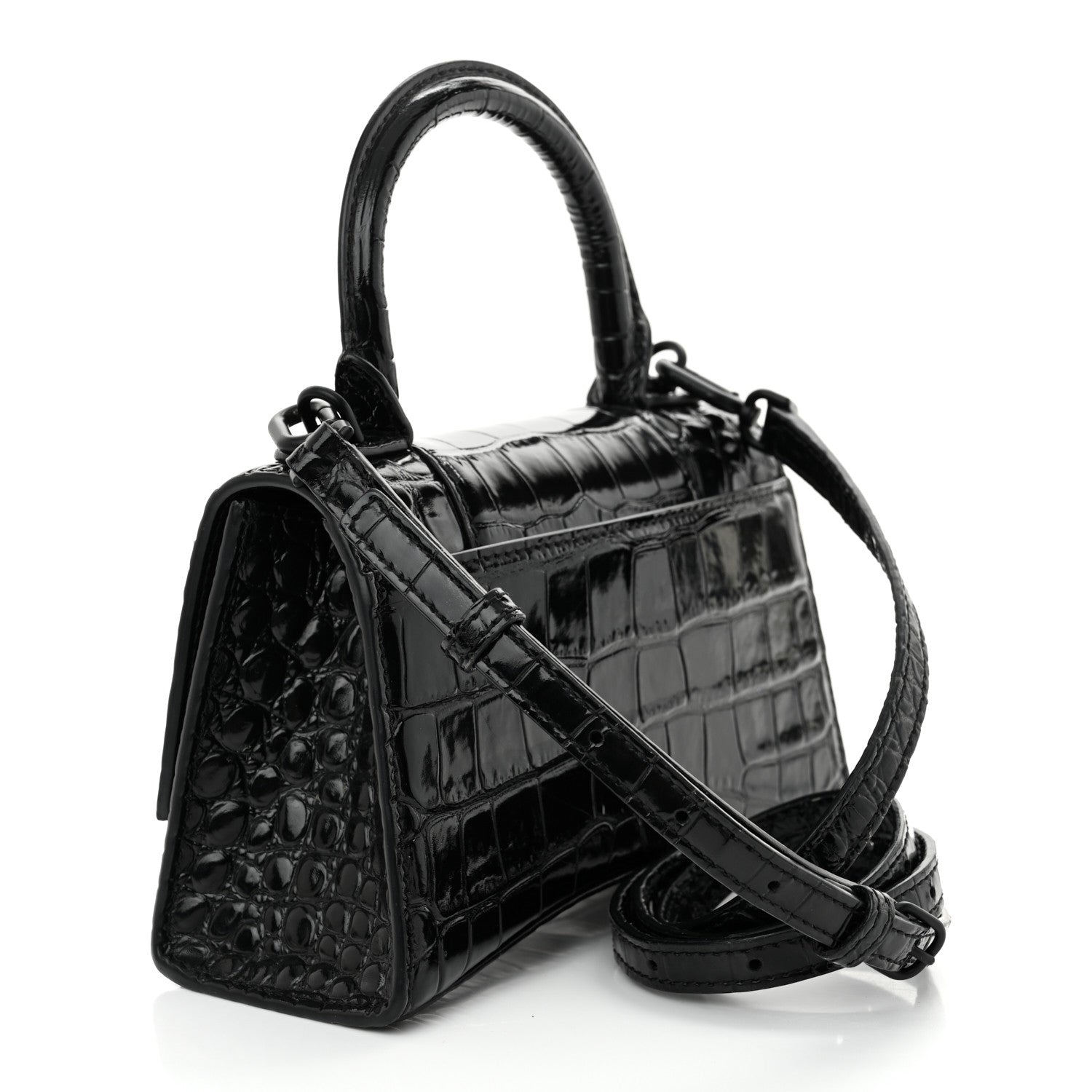 Balenciaga Shiny Calfskin Monochrome Crocodile Embossed Hourglass Top Handle Bag XS Black 3 of 17