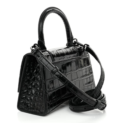 Balenciaga Shiny Calfskin Monochrome Crocodile Embossed Hourglass Top Handle Bag XS Black 3 of 17