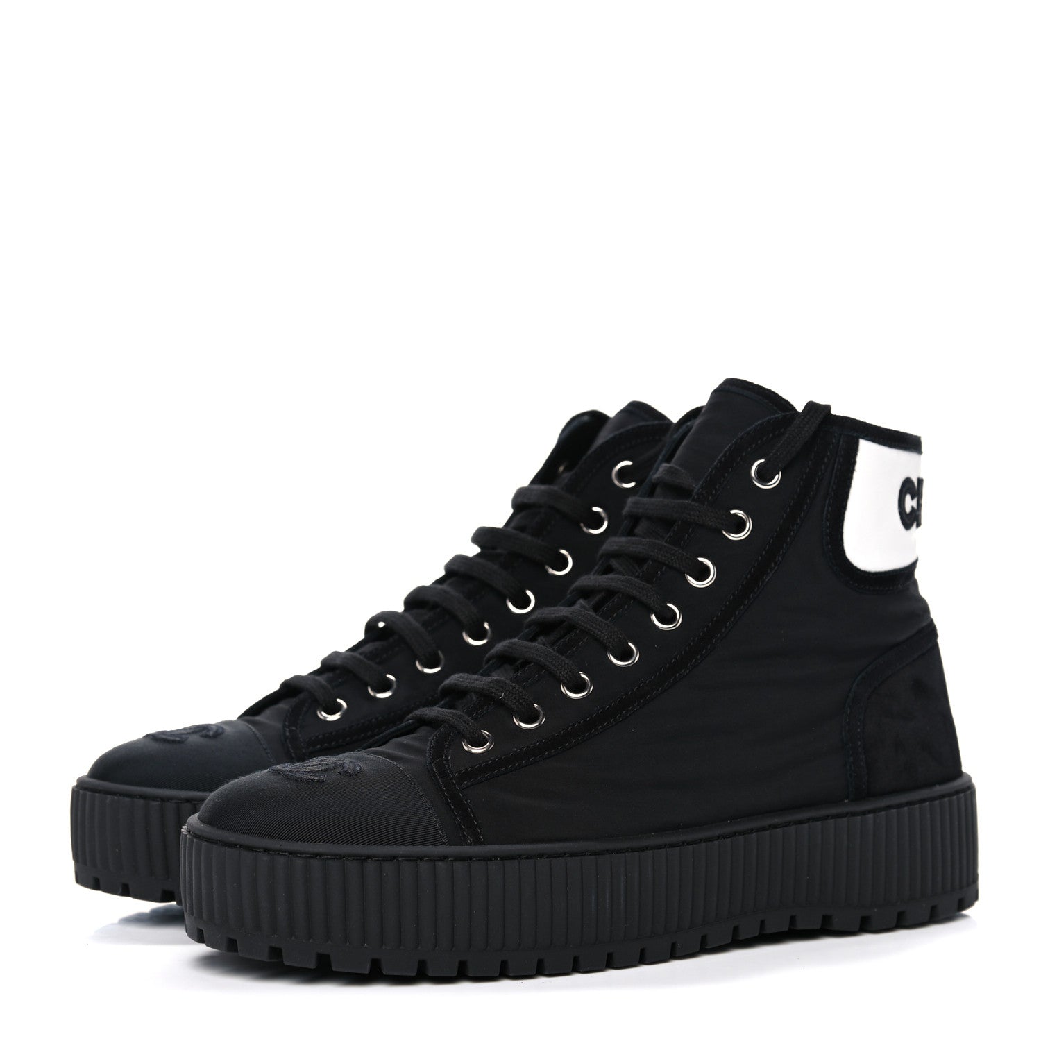 Chanel Fabric Suede Kidskin Grosgrain Lace Up Cap Toe Sneakers 38.5 Black White 3 of 9