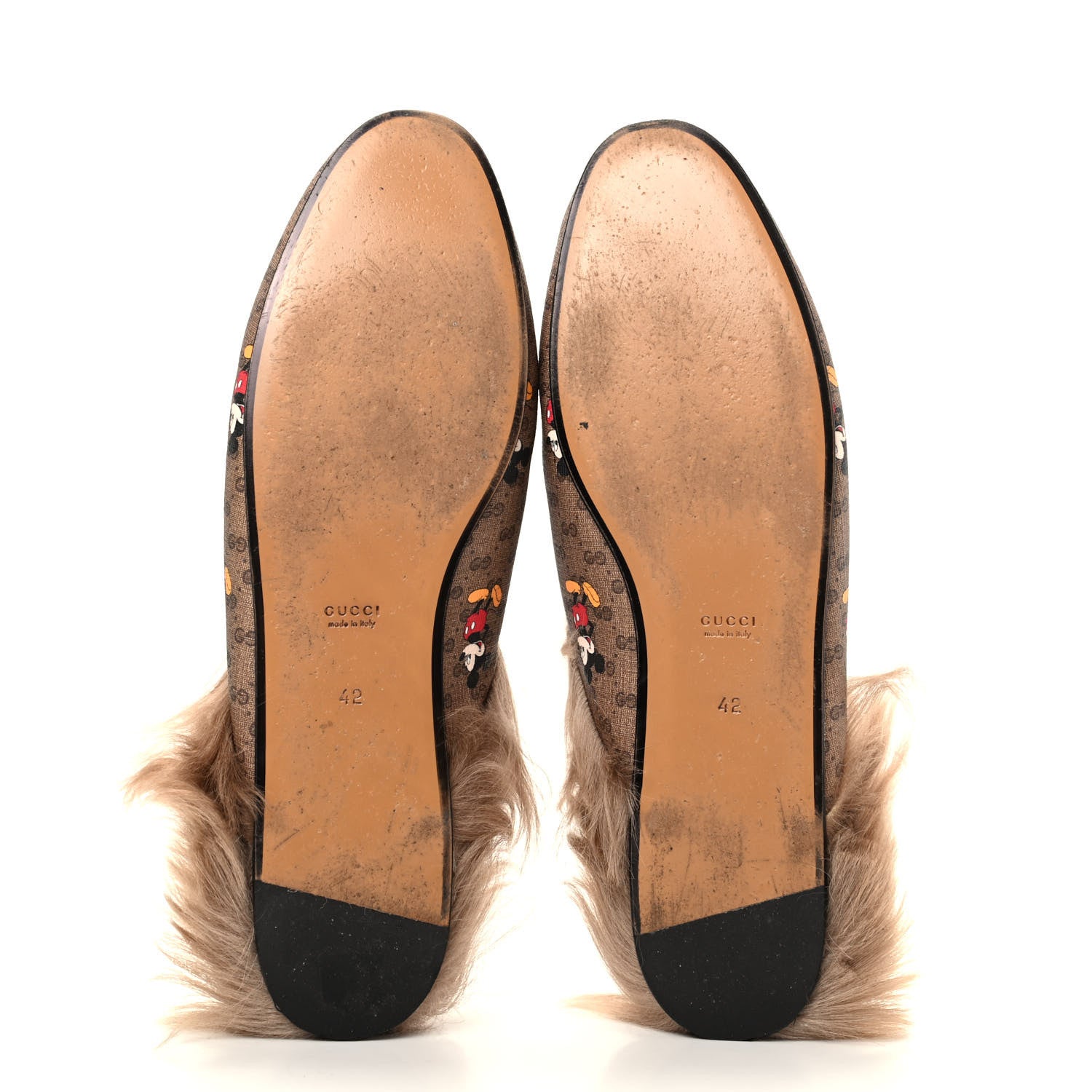 Gucci X DISNEY Mini Vintage GG Supreme Monogram Mickey Mouse Fur Womens Princetown Slippers 42 Beige Vintage Sun Oil 5 of 9