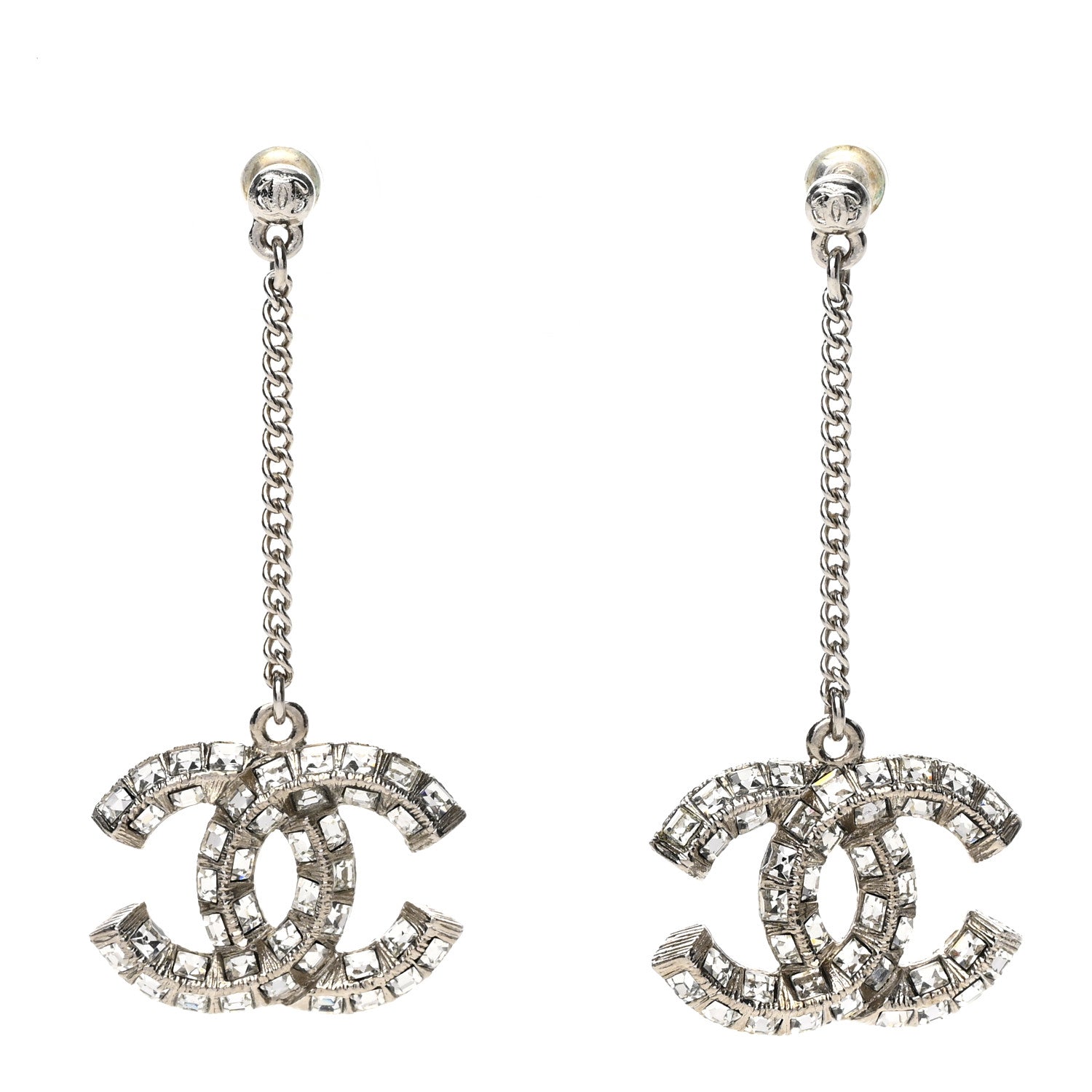 Chanel Baguette Crystal CC Drop Earrings Silver 1 of 4