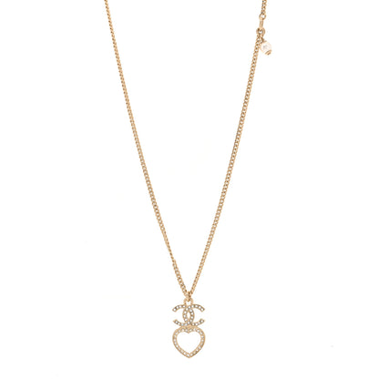 Chanel Crystal Pearl CC Heart Drop Chain Necklace Gold 1 of 5