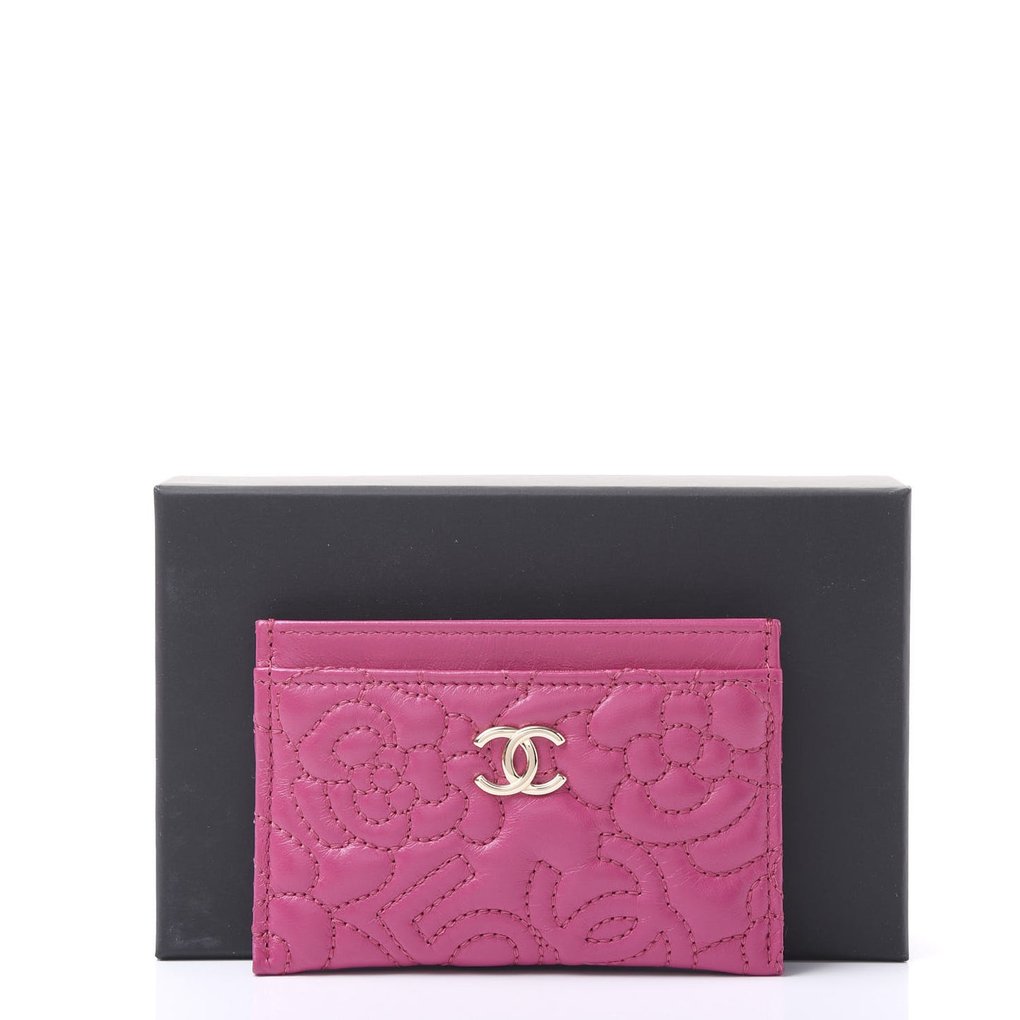 Lambskin Camellia Embossed Card Holder Fuchsia