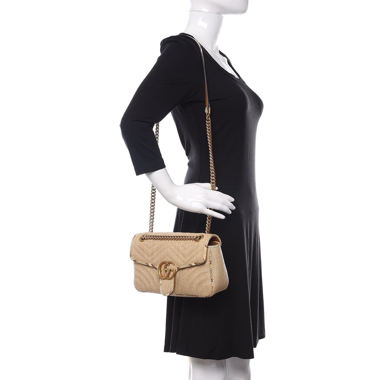 Raffia Elaphe Matelasse Small GG Marmont Shoulder Bag Natural Cream Brown