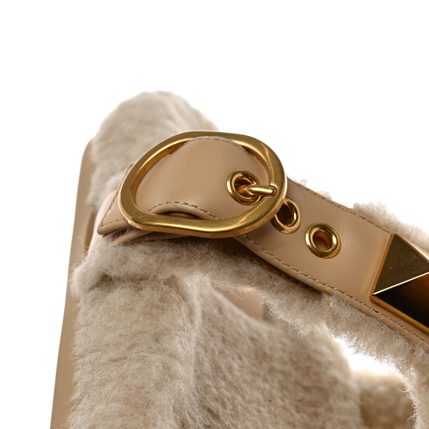 Shearling Roman Stud Slide Sandals 39.5 Sahara Beige