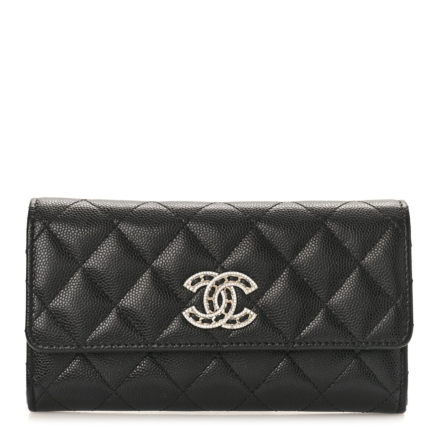 Caviar Quilted Crystal CC Large Gusset Flap Wallet Black