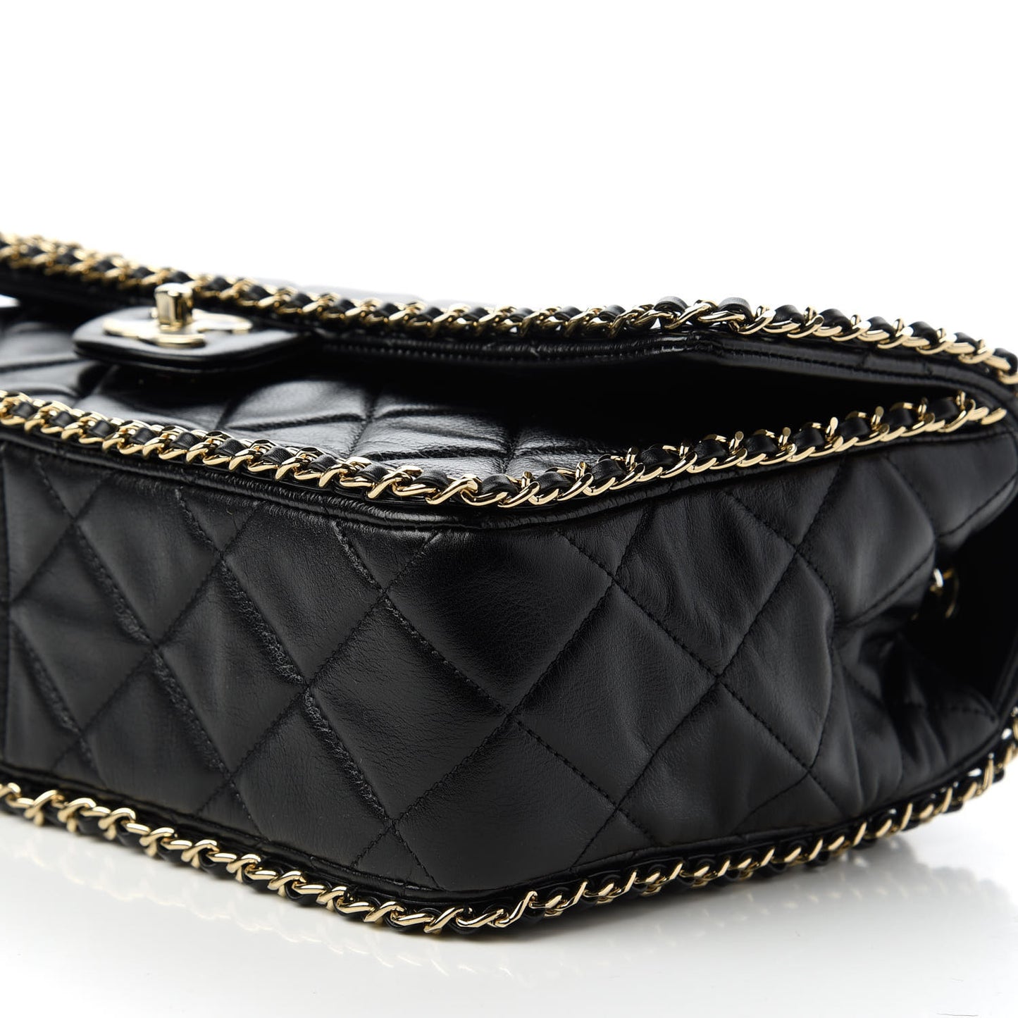 Crumpled Calfskin Quilted Large Chain All Over Flap Bag Black