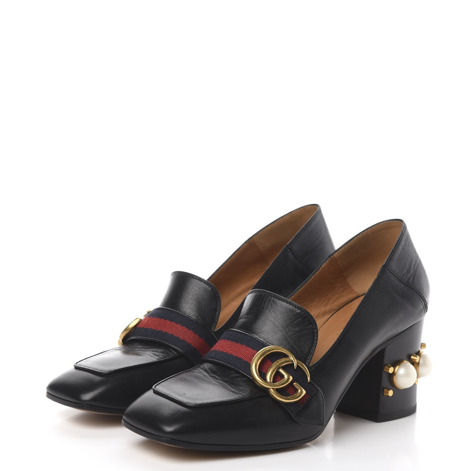 Gucci Malaga Kid Web Pearl Embellished Peyton 75mm Loafer Pumps 37 Black 3 of 13