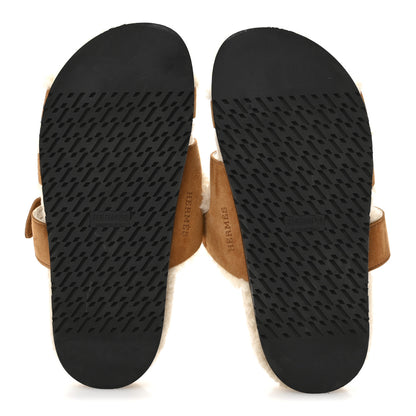 Hermes Suede Goatskin Woolskin Womens Chypre Sandals 37 Brun Fume Ecru 6 of 9